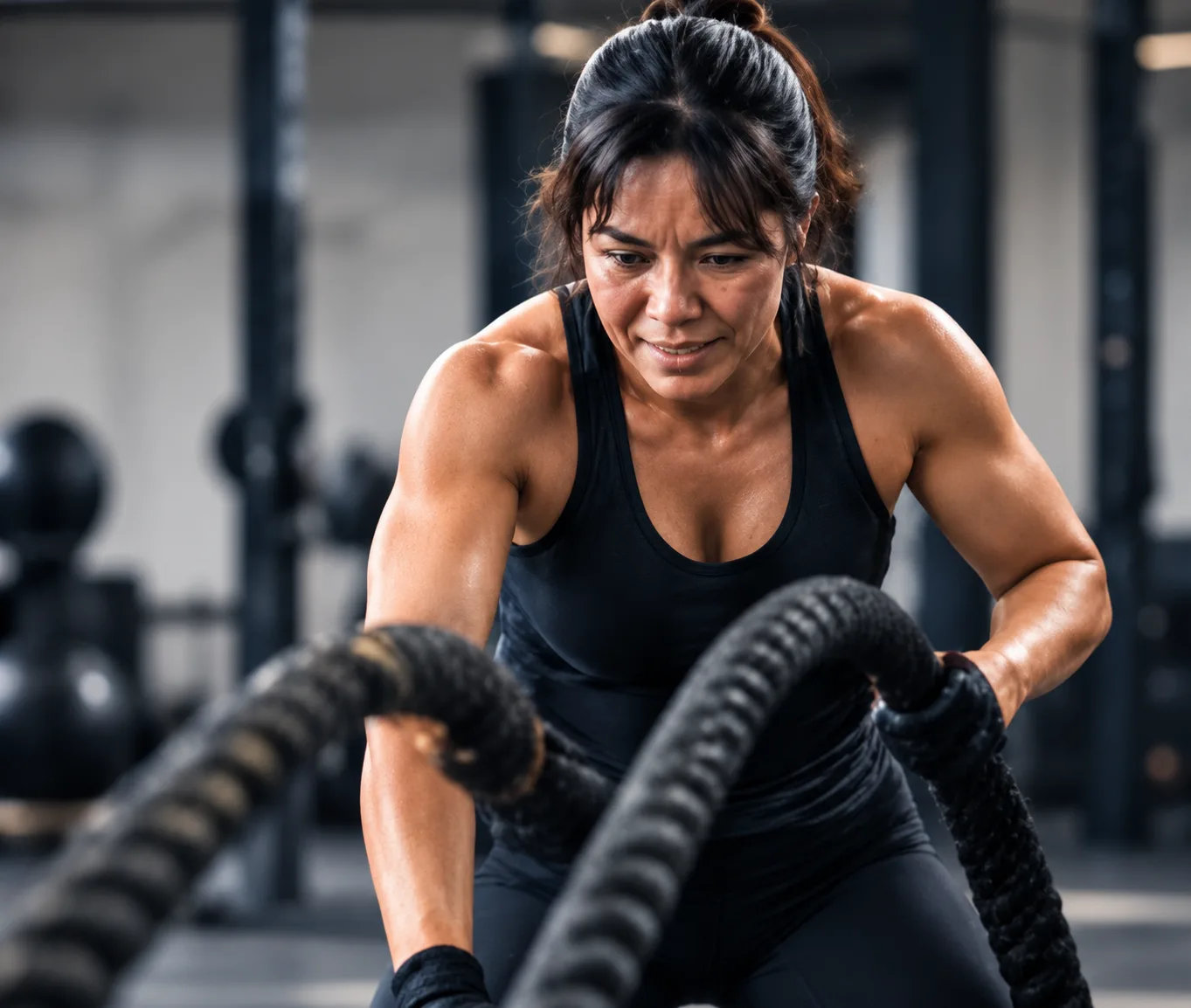 Woman training with battle ropes
